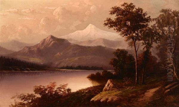 View Of Mt. Hood Looking Up The Klamath River, Oregon Oil Painting by Arthur William Best