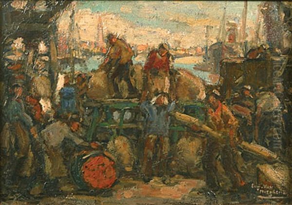 Arbeiders En Kar Op De Kade Oil Painting by Eugene van Mieghem