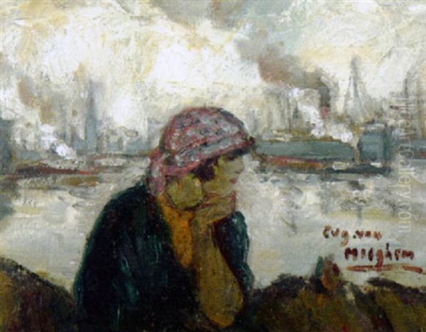 A Girl In A Harbour Oil Painting by Eugene van Mieghem