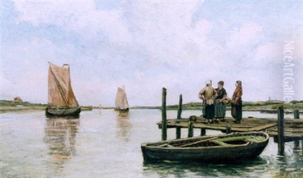 Vissersvrouwen Op Een Pier Oil Painting by Eugene van Mieghem