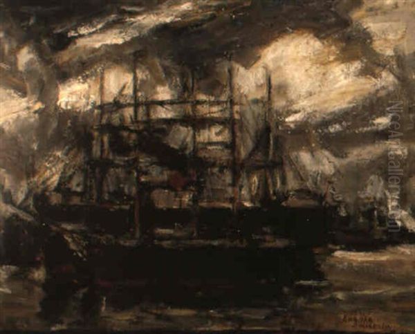 Zeilschapen In De Dokken Oil Painting by Eugene van Mieghem