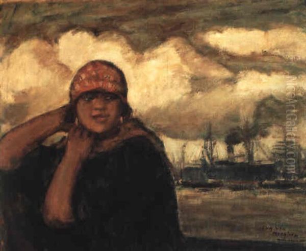 Jeune Fille Au Port Oil Painting by Eugene van Mieghem