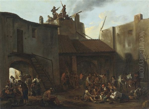 Roman Lime Kiln With Peasants Gambling Oil Painting by Jan Miel