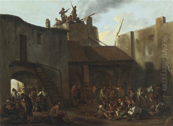 Roman Lime Kiln With Peasants Gambling Oil Painting by Jan Miel