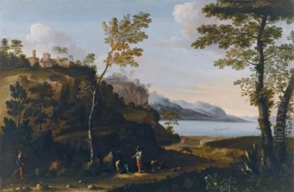 A Wooded Landscape With Peasants Resting On A Track, A Lake Beyond Oil Painting by Jan Miel