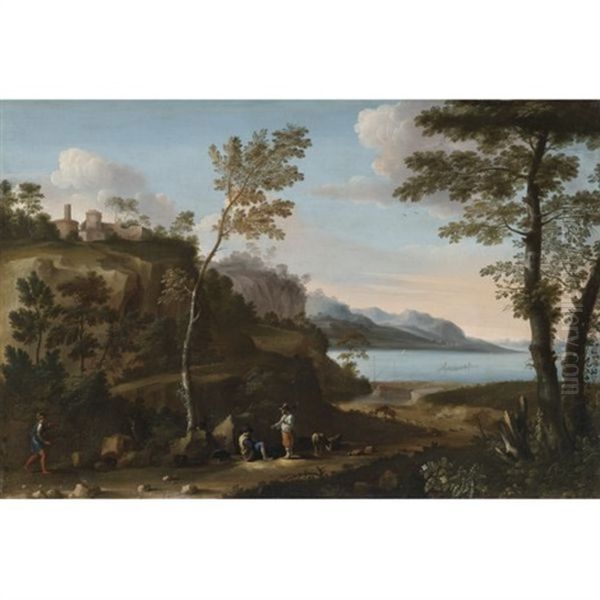 A Wooded Landscape With Peasants Resting On A Track, A Lake Beyond (w/collaborator) Oil Painting by Jan Miel