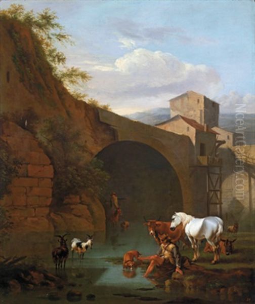 Rastende Reiter Und Vieh Vor Einer Brucke In Der Romischen Campagna Oil Painting by Jan Miel