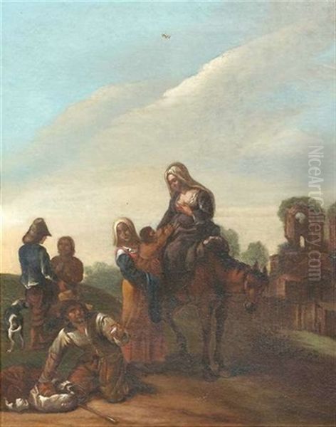 Italienische Strassenszene. Eine Familie Mit Einem Maultier Rastet Im Vordergrund, Weiter Hinten Zwei Manner Mit Hund Oil Painting by Jan Miel