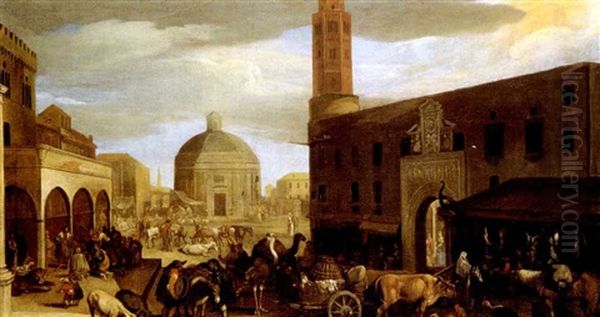 Scene De Marche Sur La Place D'une Ville Italienne Avec Des Animaux Exotiques Oil Painting by Jan Miel