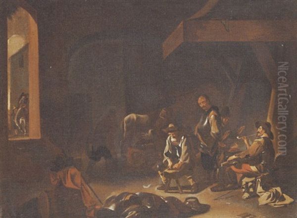 Soldiers At A Smithy Oil Painting by Jan Miel