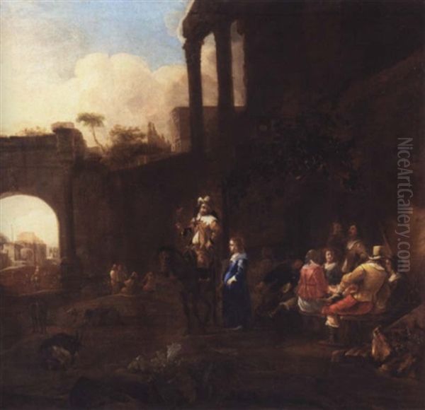 Riders And Elegant Women Drinking Outside An Inn, Some Classical Ruins In The Distance Oil Painting by Jan Miel