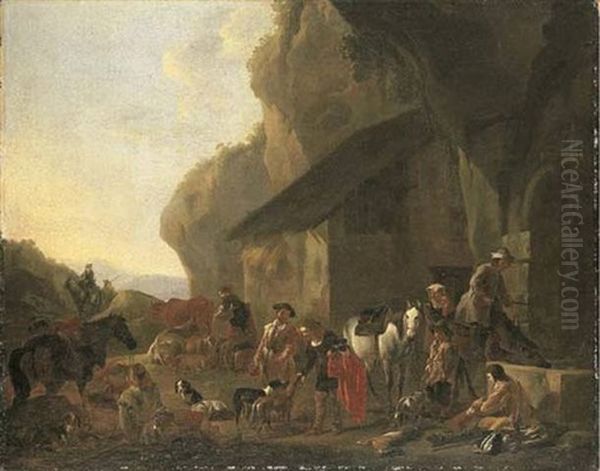 A Landscape With Peasants Outside An Inn by Jan Miel