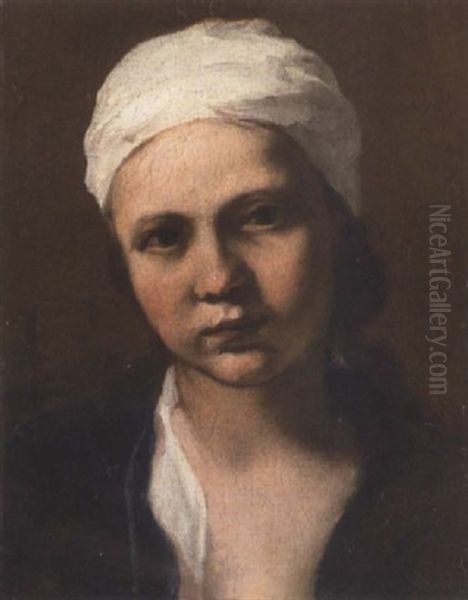 Study Of A Young Girl Wearing A White Shirt, Cap And Blue Coat Oil Painting by Jan Miel