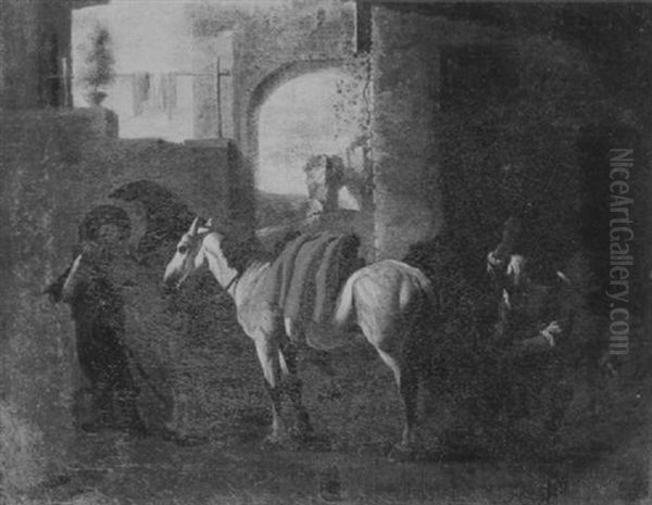 Figures And Horses In A Blacksmith's Forge, Ruins Beyond Oil Painting by Jan Miel