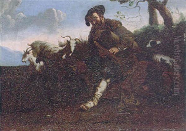 A Shepherd Piping To His Livestock In A Landscape Oil Painting by Jan Miel