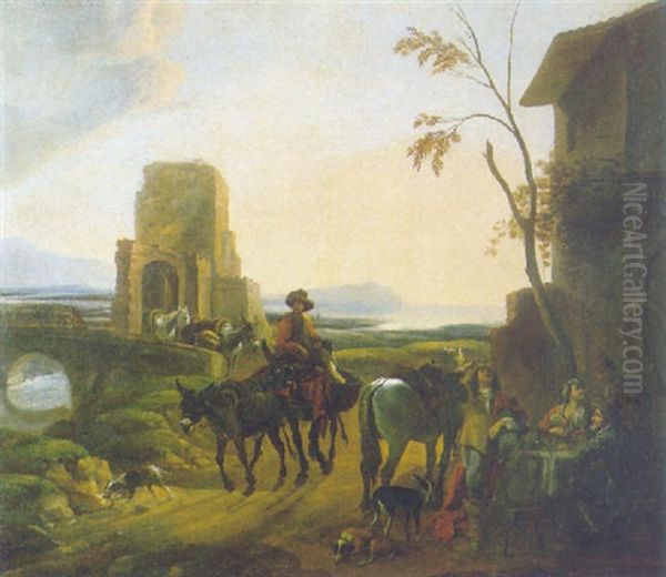 Sosta Di Cavalieri Presso Un Casale Rustico Con Un Paesaggio Marino Sullo Sfondo Oil Painting by Jan Miel