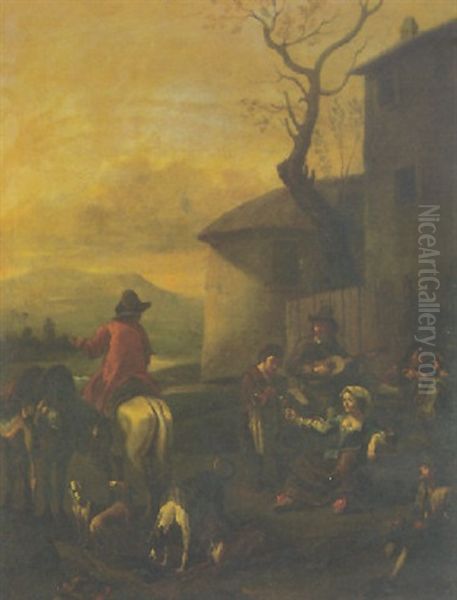 Peasants Eating And Drinking Outside A Tavern Oil Painting by Jan Miel