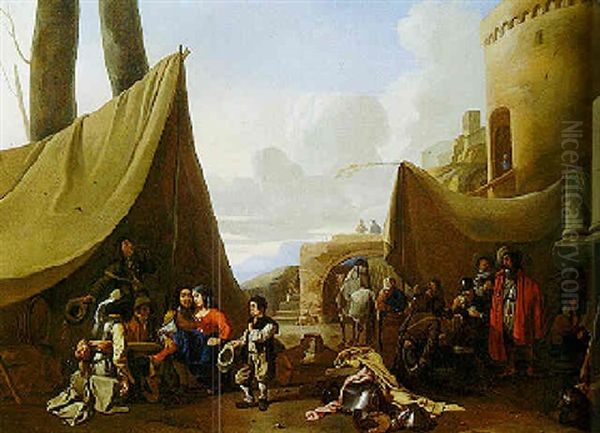 Soldiers And Peasants In Tents Outside The Walls Of A Castle Oil Painting by Jan Miel