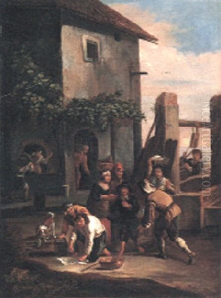 Italian Townsfolk Bartering Outside A Wall Oil Painting by Jan Miel