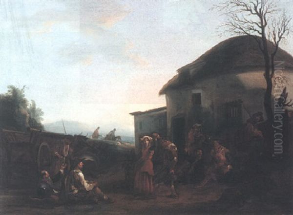 Peasant Merrymaking Outside An Inn Oil Painting by Jan Miel