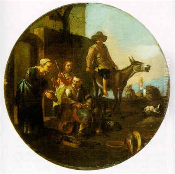 Village Scene With A Cobbler And A Young Boy On A Donkey Oil Painting by Jan Miel