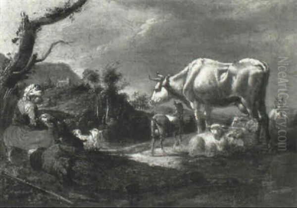 Drover With A Cow, Goats And Sheep In An Italianate Landscape Oil Painting by Jan Miel