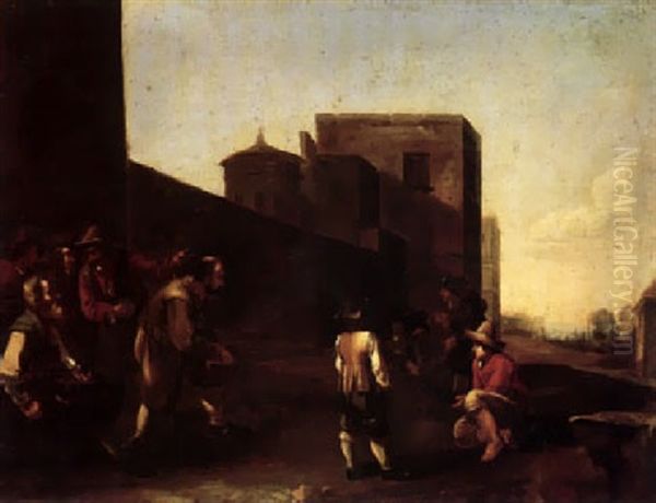 Peasants Playing Bowls Outside The Walls Of A Town Oil Painting by Jan Miel