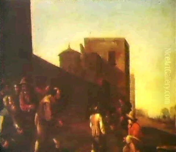 Peasents Playing Bowls Outside The Walls Of A Town Oil Painting by Jan Miel