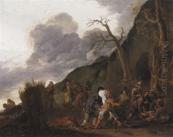 Banditti Robbing Travellers By A Roadside Oil Painting by Jan Miel