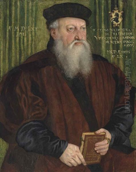 Portrait Of Martin Klostermair (b. 1502), Aged 60, Half-length, In A Brown Coat And Black Hat, Holding A Book Oil Painting by Hans Mielich