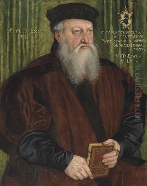 Portrait Of A Martin Klostermair (b. 1502), Aged 60, Half-length, In A Brown Coat And Black Hat, Holding A Book Oil Painting by Hans Mielich