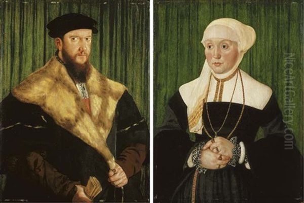 Portrait Of A Gentleman In A Fur-trim Black Gown And Black Cap, A Scroll Of Documents In His Right Hand (+ Portrait Of A Lady In A Black Gown Over A White Bodice; Pair) Oil Painting by Hans Mielich