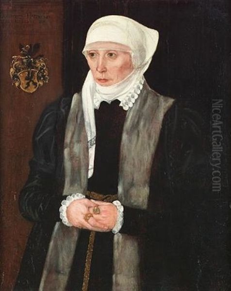 Portrait Of Dorothea Haffnerin, Three-quarter-length, In A Black Fur-trimmed Coat With A White Lace Cap And Ruff, Inscribed With A Coat-of-arms Oil Painting by Hans Mielich