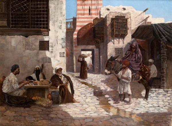 Le Marchand De Pain Au Caire Oil Painting by Leopold Alphons Mielich