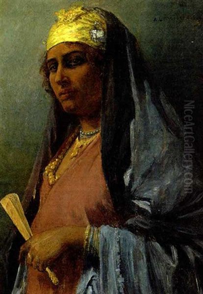 An Oriental Maiden Holding A Fan Oil Painting by Leopold Alphons Mielich