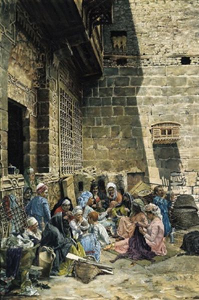 Hof Eines Hauses In Bulak, Cairo Oil Painting by Leopold Alphons Mielich