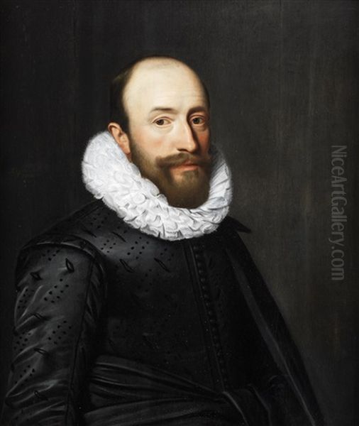 Portrait Of A Gentleman, Half-length, In Black Costume With A White Ruff Oil Painting by Jan van Miereveld