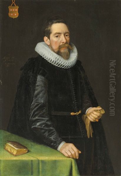 Portrait Of Nicolaes Gael (1565-1638), Three-quarter Length, Standing By A Table With A Book Oil Painting by Michiel Janszoon van Mierevelt