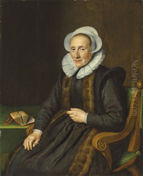 Portrait Of A Lady, Identified As Maria Mollen (1555-1621), Three-quarter-length, In A Black Fur-trimmed Gown, Seated At A Table With A Book Oil Painting by Michiel Janszoon van Mierevelt