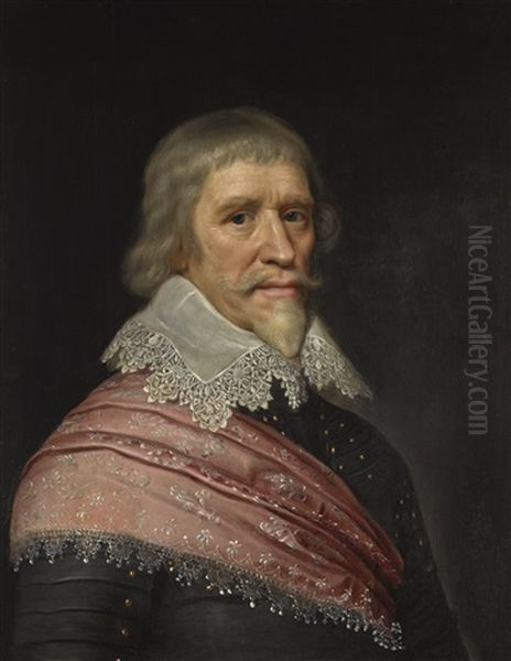 Portait Of Edward Cecil, 1st Viscount Wimbledon (1572-1638), Half-length, Wearing Armour, A Pink Sash And A Lace Collar Oil Painting by Michiel Janszoon van Mierevelt