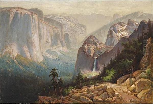 Yosemite Valley With Bridal Veil Falls And El Capitan In The Foreground And Half Dome In The Distance Oil Painting by Harry Cassie Best