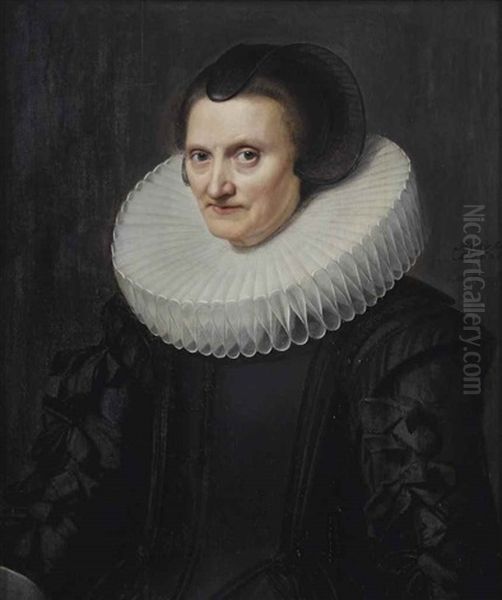 Portrait Of A Lady, Said To Be Elisabeth Berwaerts Van Crompvliet, Half-length, In A Black Dress With A 'molensteenkraag' And A Black Headdress Oil Painting by Michiel Janszoon van Mierevelt