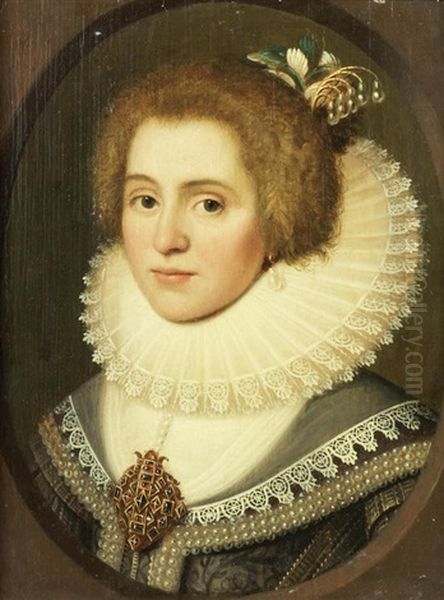 Portrait Of Amalia Van Solms -braunfels, Bust-length, In An Embroidered Dress, Within A Painted Oval Oil Painting by Michiel Janszoon van Mierevelt