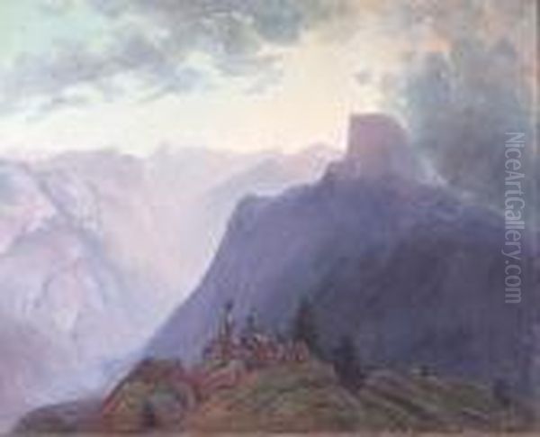 Two Figures On The Rim Of Yosemite Valley With Half Dome In The Distance Oil Painting by Harry Cassie Best