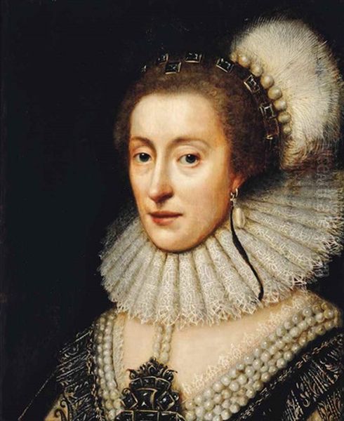 Portrait Of Elizabeth Stuart (1596-1662), Queen Of Bohemia, The Winter Queen, Bust-length, In A Black Embroidered Dress Encrusted With Jewels, Wearing A White Lace Ruff And A Plumed Headdress Oil Painting by Michiel Janszoon van Mierevelt