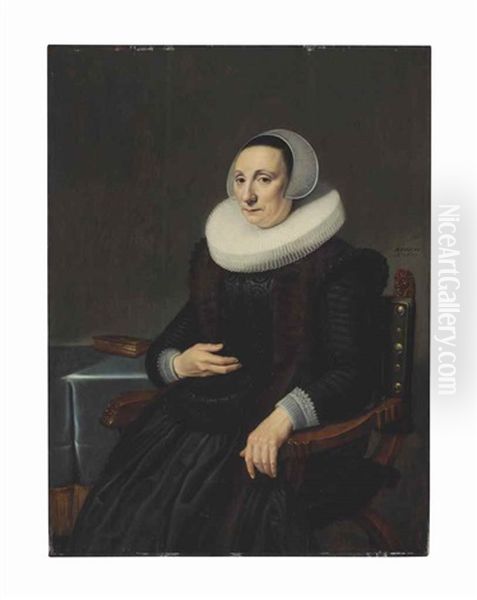 Portrait Of A Woman, Three-quarter-length, In A Black Embroidered Dress And A White Ruff And Lace Headdress Oil Painting by Michiel Janszoon van Mierevelt