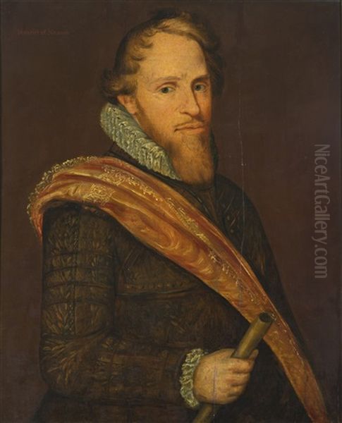 Portrait Of Prince Maurice Of Nassau, Half-length, Wearing Armour And A Red Sash, Holding A Baton Oil Painting by Michiel Janszoon van Mierevelt