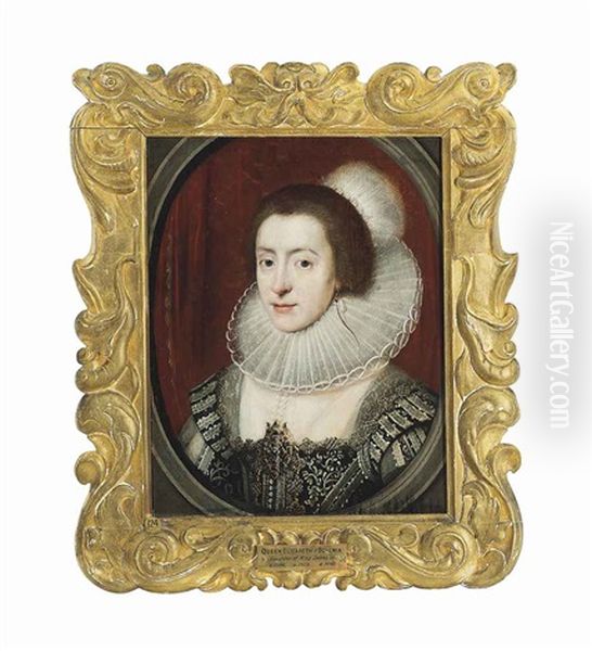 Portrait Of Elizabeth Stuart (1596-1662), Electress Palatine, Queen Of Bohemia, Bust-length, In A Black And White Embroidered Dress Encrusted With Jewels, Wearing A White Ruff And A Plumed Headdress, In A Sculpted Oval Oil Painting by Michiel Janszoon van Mierevelt