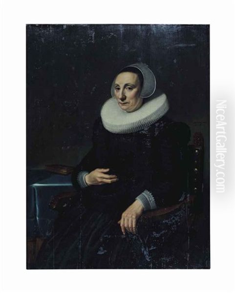 Portrait Of A Woman, Three-quarter-length, In A Black Embroidered Dress And A White Ruff And Lace Headdress Oil Painting by Michiel Janszoon van Mierevelt