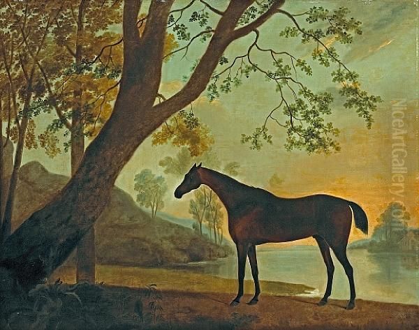 Lord Cleremont's Racehorse 'imperator' In Awooded River Landscape Oil Painting by John Best